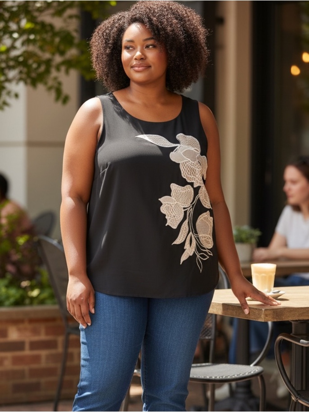 White House Black Market Black Tank Top with Cream Floral Applique